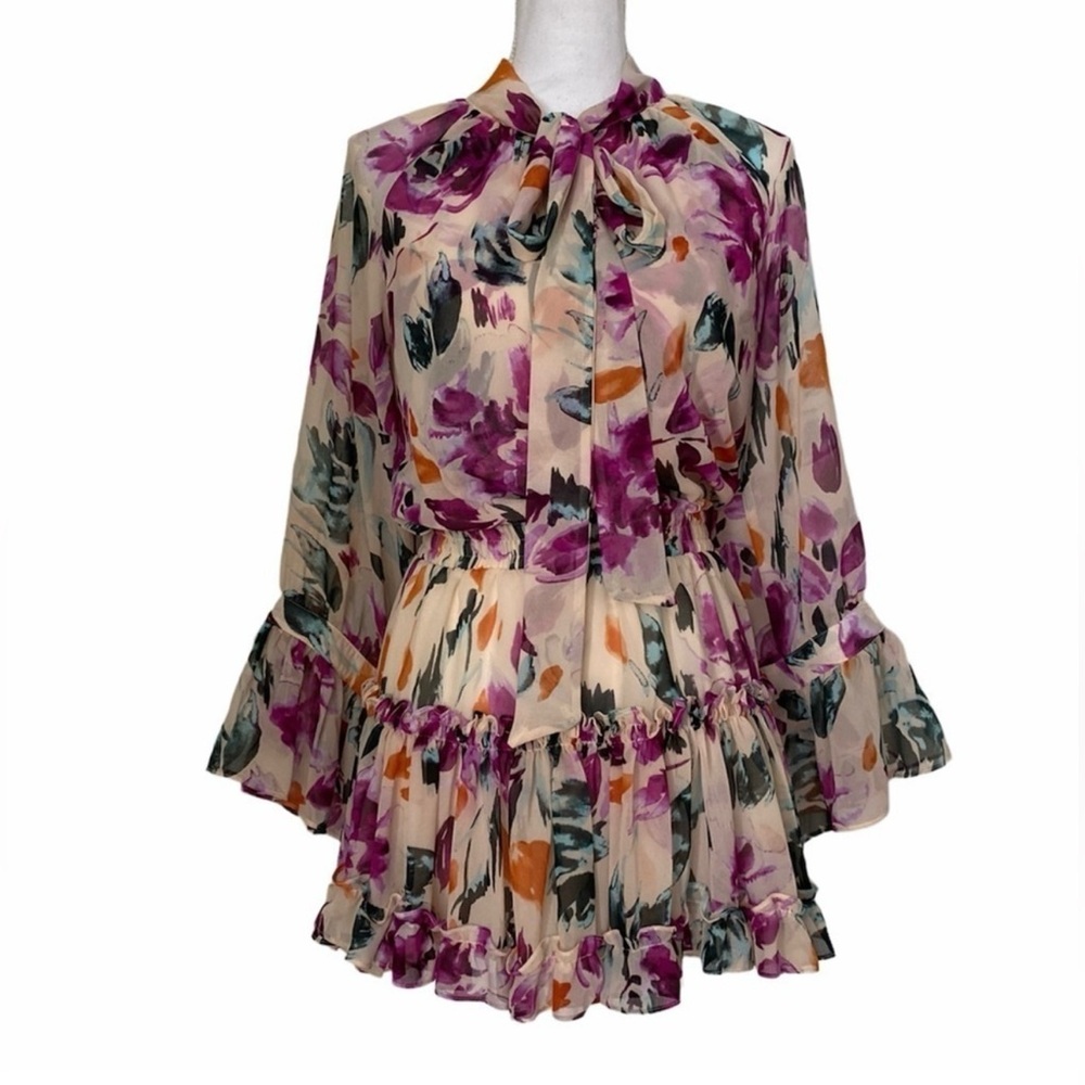 MISA Floral Ruffle Dress with Tie Neck